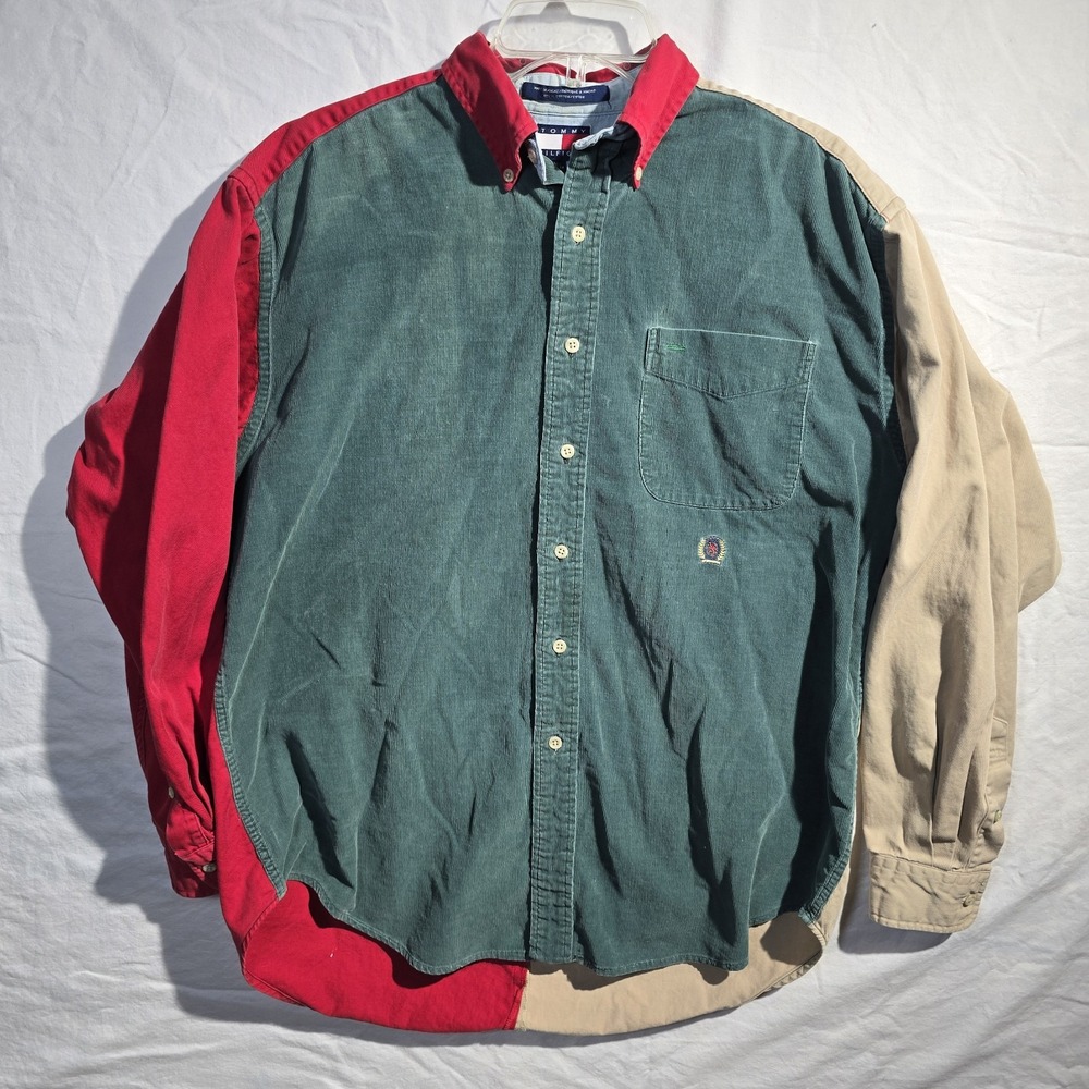 Tommy Hilfiger Colorblock Button-Down Shirt in Green, Red, and Tan